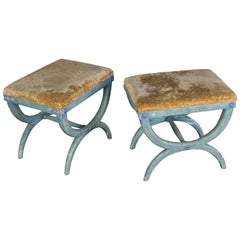 Pair of French Early 20th Century Benches in Blue Painted Frames