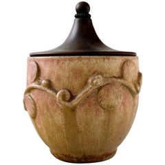 Arne Bang Jar with Lid of Glazed Stoneware with Foliage in Relief
