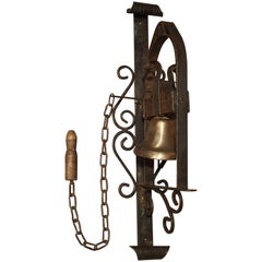 Retro Iron and Wood, Chain-Pull Wall Bell from France, 1940s