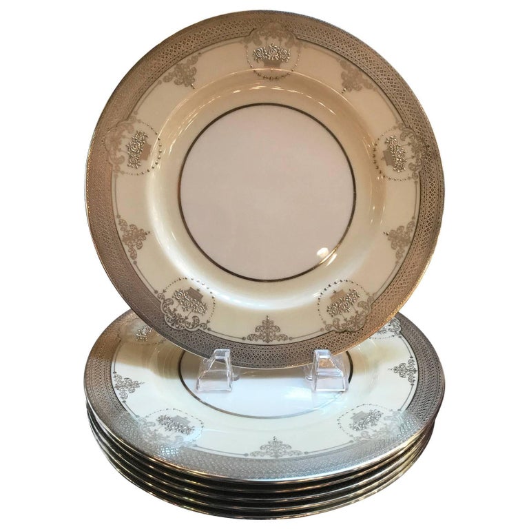 Set of Six Sterling Silver Overlay Service Dinner Plates For Sale at