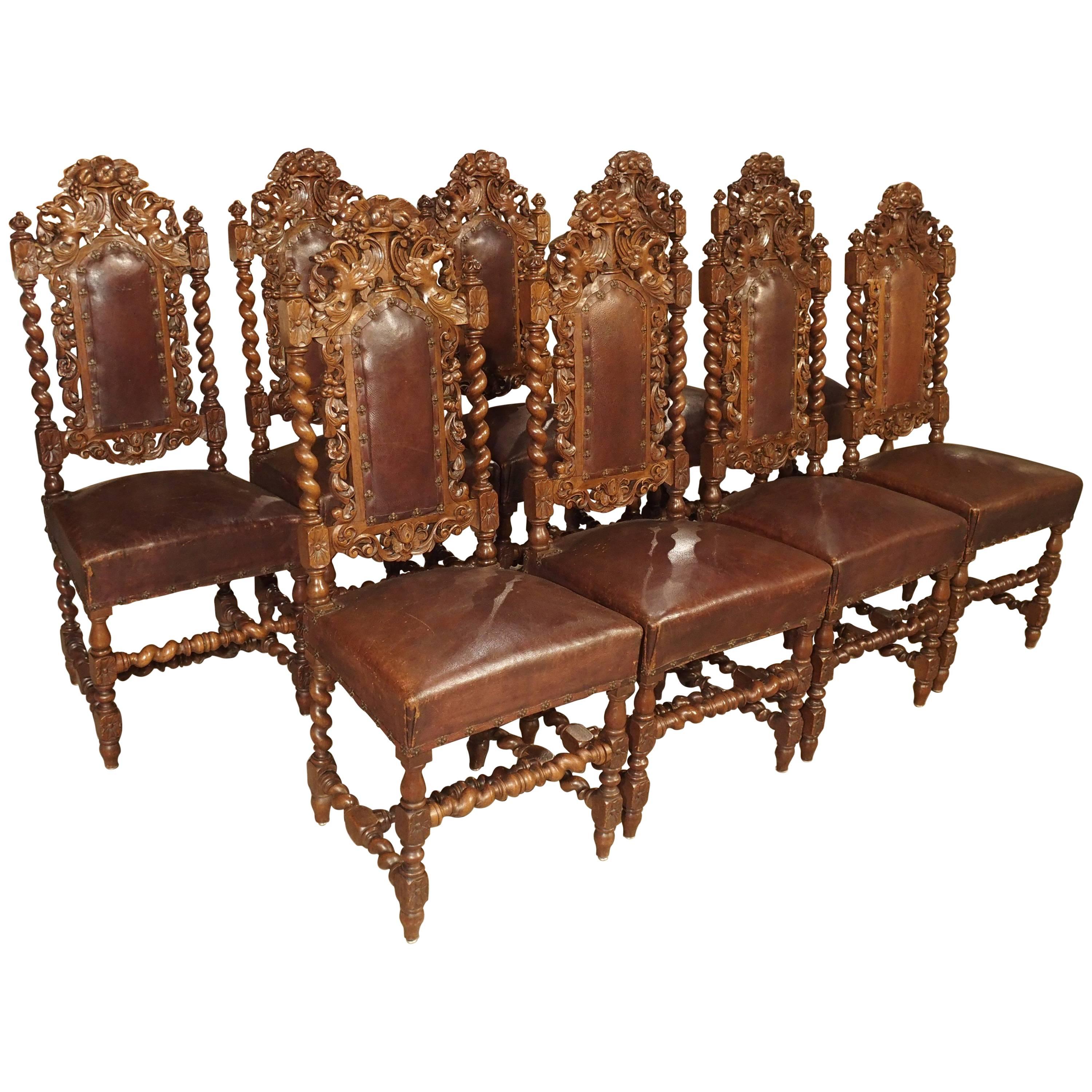 Set of nine Antique Walnut and Leather Dining Chairs from France, circa 1880