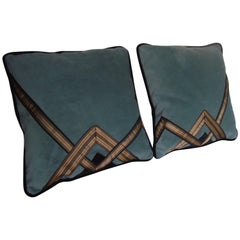 Art Deco Pillows, Blue Black and Gold Velvet Throw Pillows