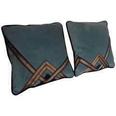 Art Deco Pillows, Blue Black and Gold Velvet Throw Pillows 8