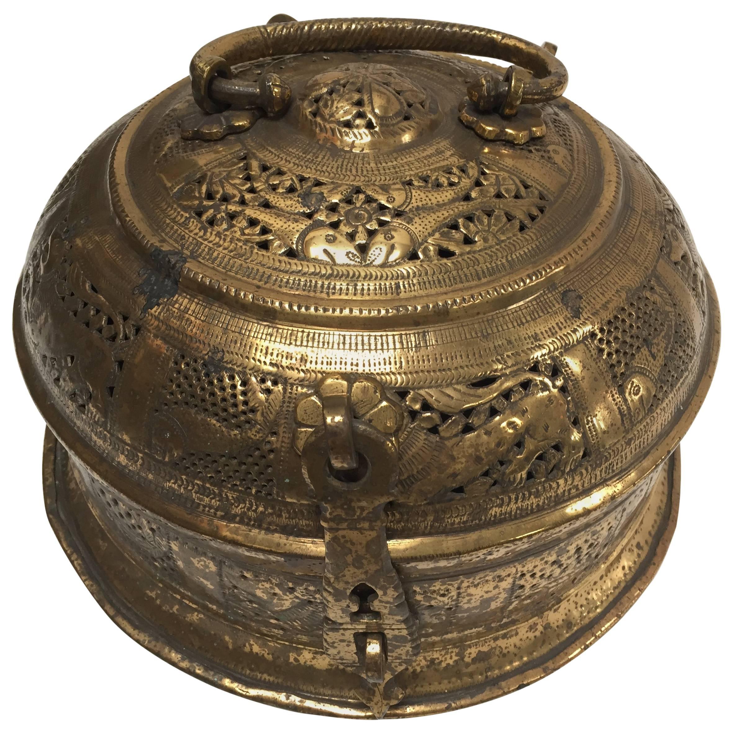 Anglo Indian Large Round Decorative Brass Box with Lid