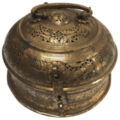 Antique Anglo Indian Large Round Decorative Brass Box with Lid