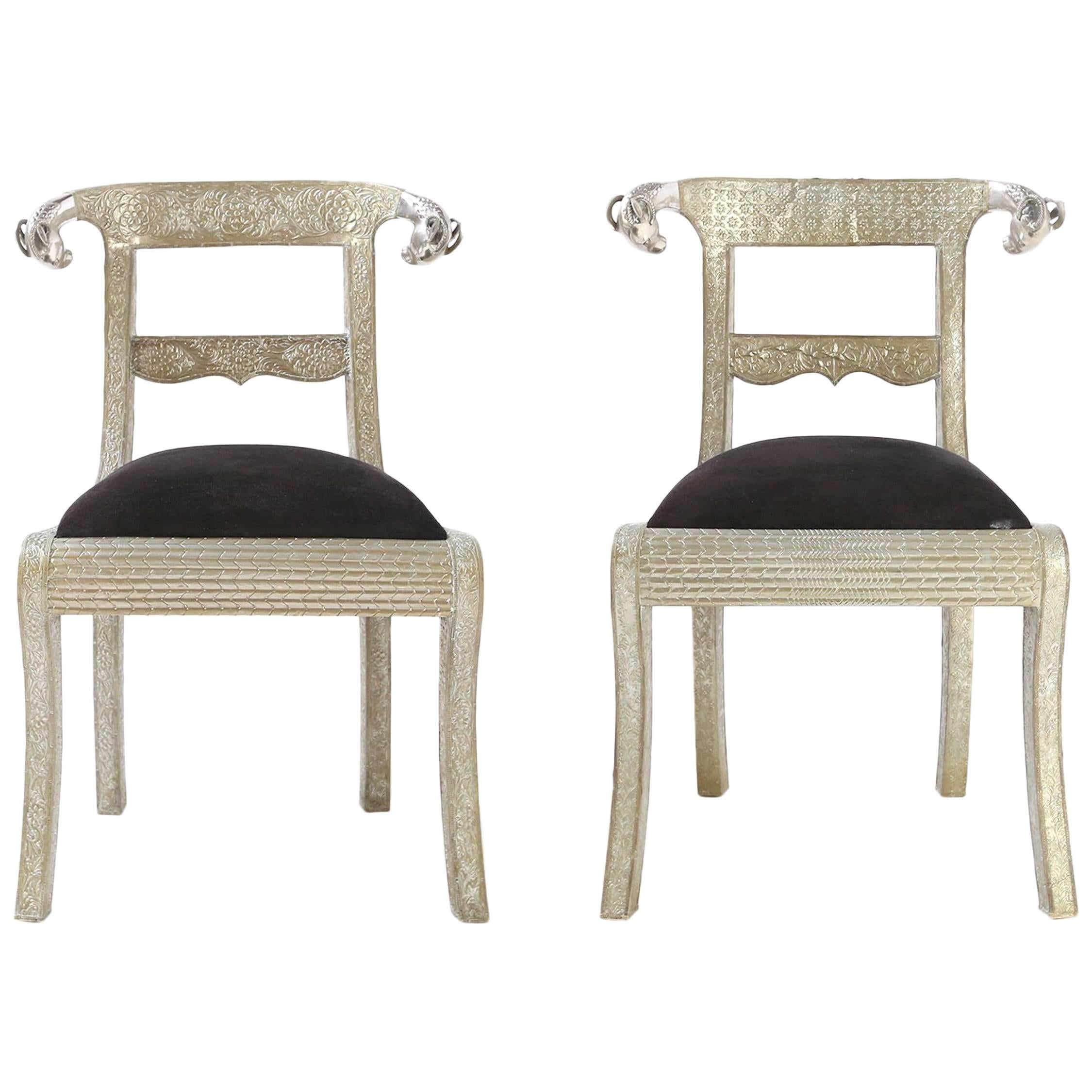 Pair of Ram's Head Metal Wrapped Anglo-Indian Regency Style Dowry Wedding Chairs For Sale
