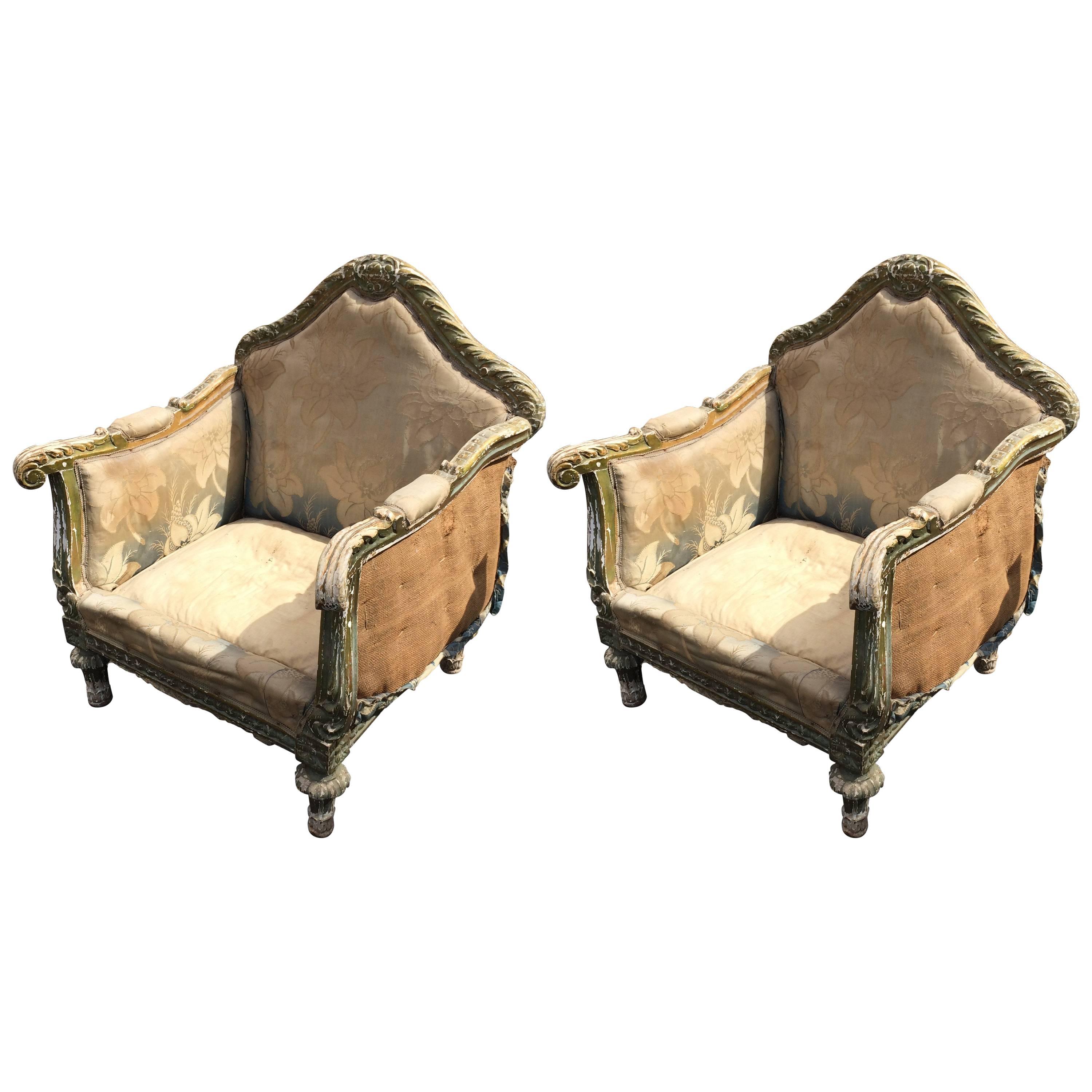 Romantic Pair of Antique Oversized French Club Chairs with Great Bones