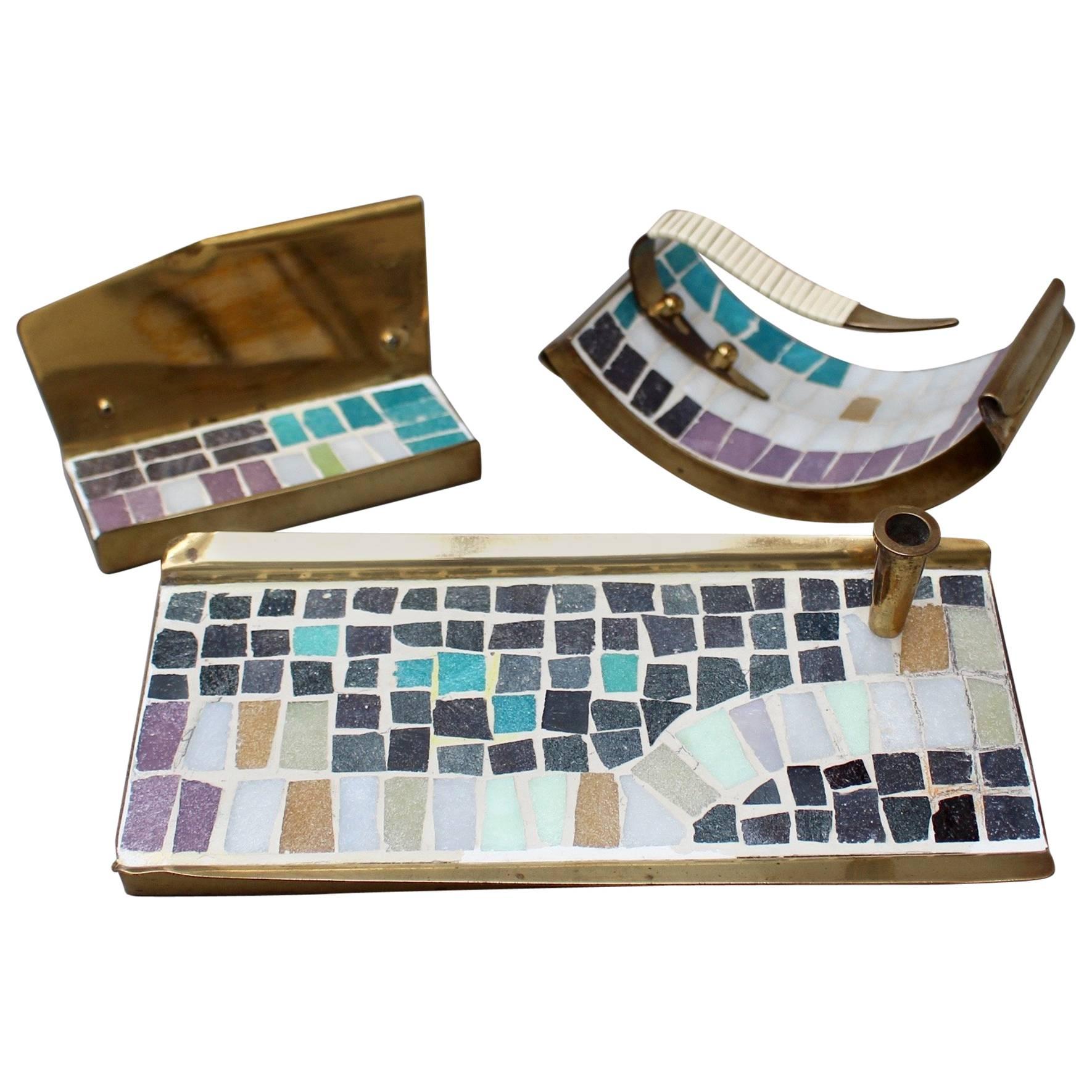 Midcentury Brass and Mosaic Ceramic Tiled Desk Accessories Set, Circa 1960s