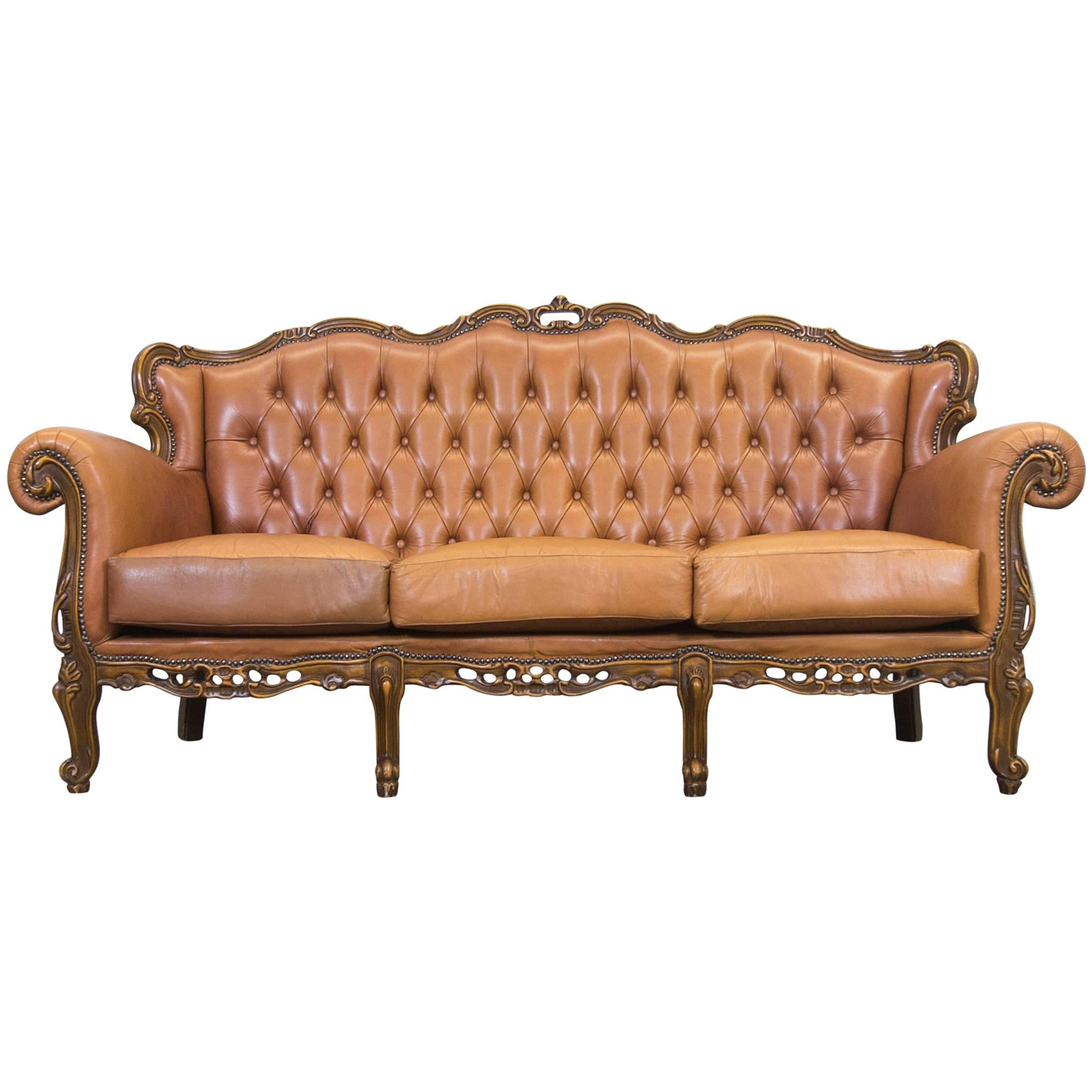Chesterfield Baroque Leather Sofa Cognac Brown Three-Seat Wood Retro Vintage For Sale