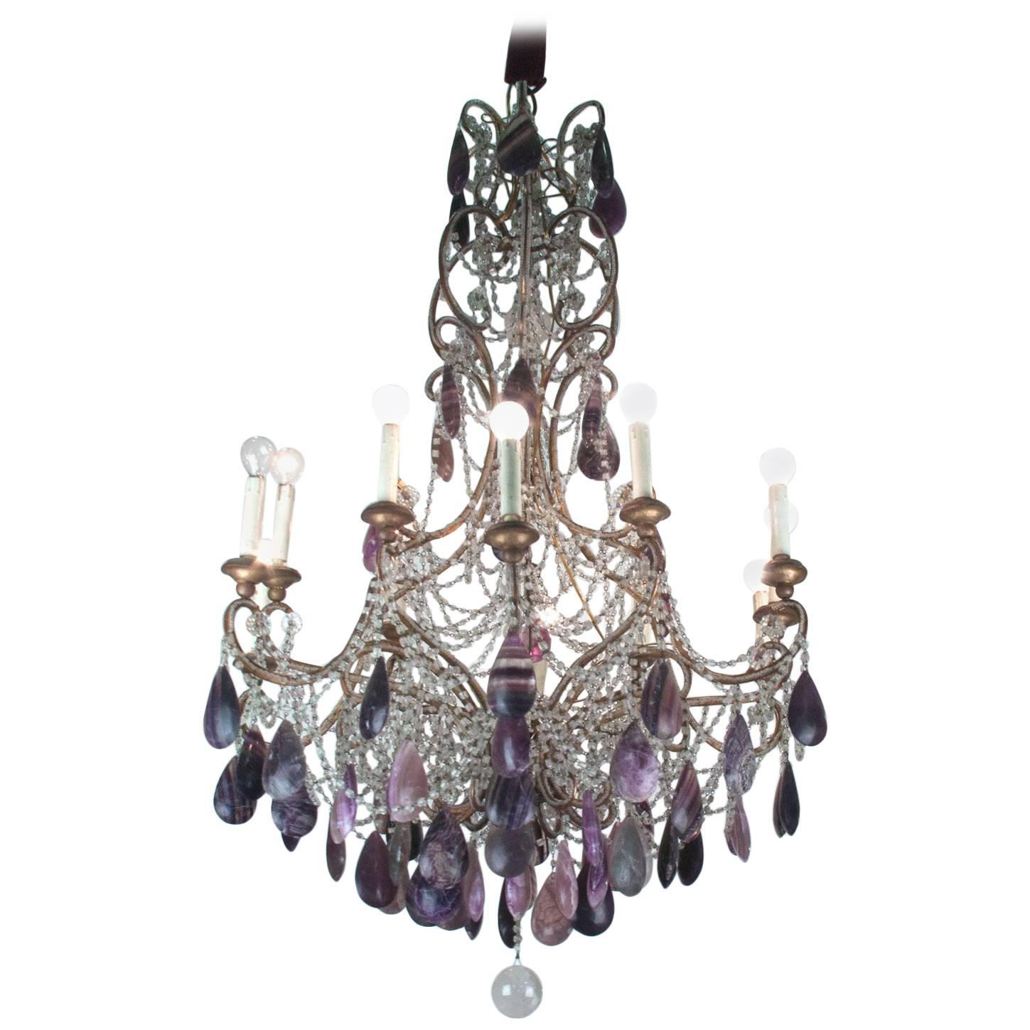 19th Century Bronze Chandelier with Blue John Stones and Glass