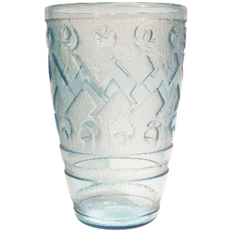 Daum Nancy, Deeply Acid Etched Vase with Geometric Decoration, Signed For Sale