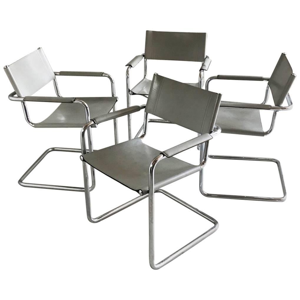 Four Original Matteo Grassi ‘MG5’ 1970s Italian Grey Leather and Chrome Chairs For Sale