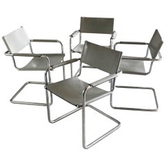 Vintage Four Original Matteo Grassi ‘MG5’ 1970s Italian Grey Leather and Chrome Chairs