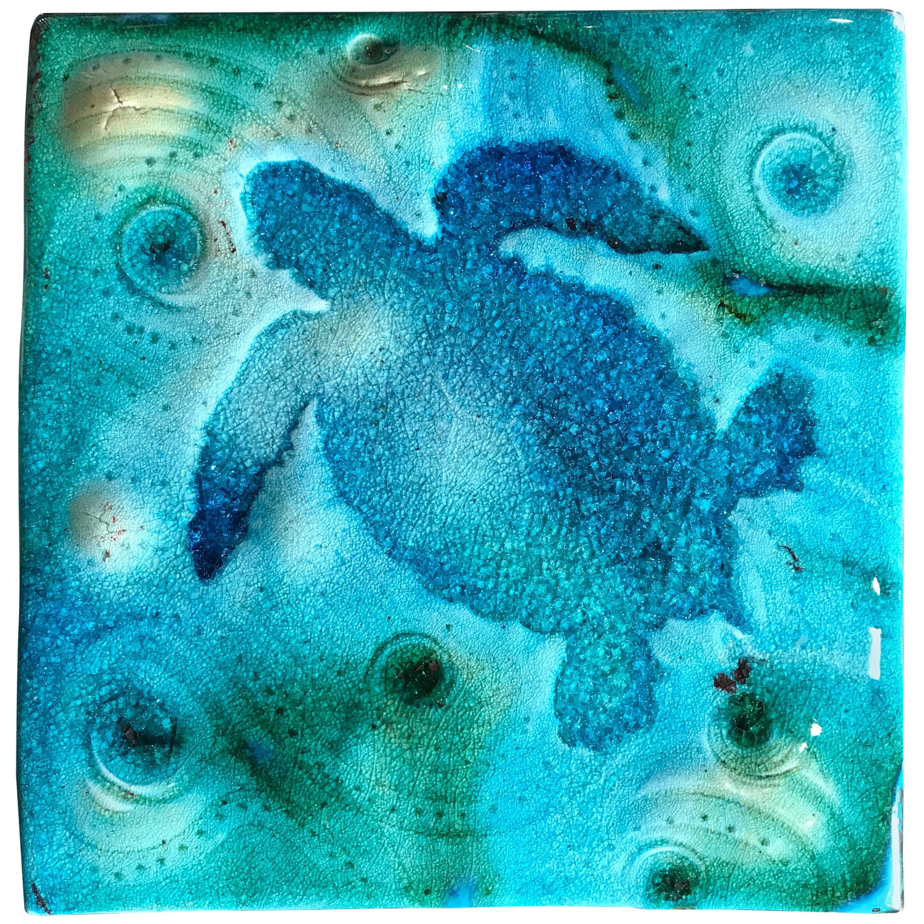 Big Beautiful Turtle Rich Big Blue Glazed Artisan Tile