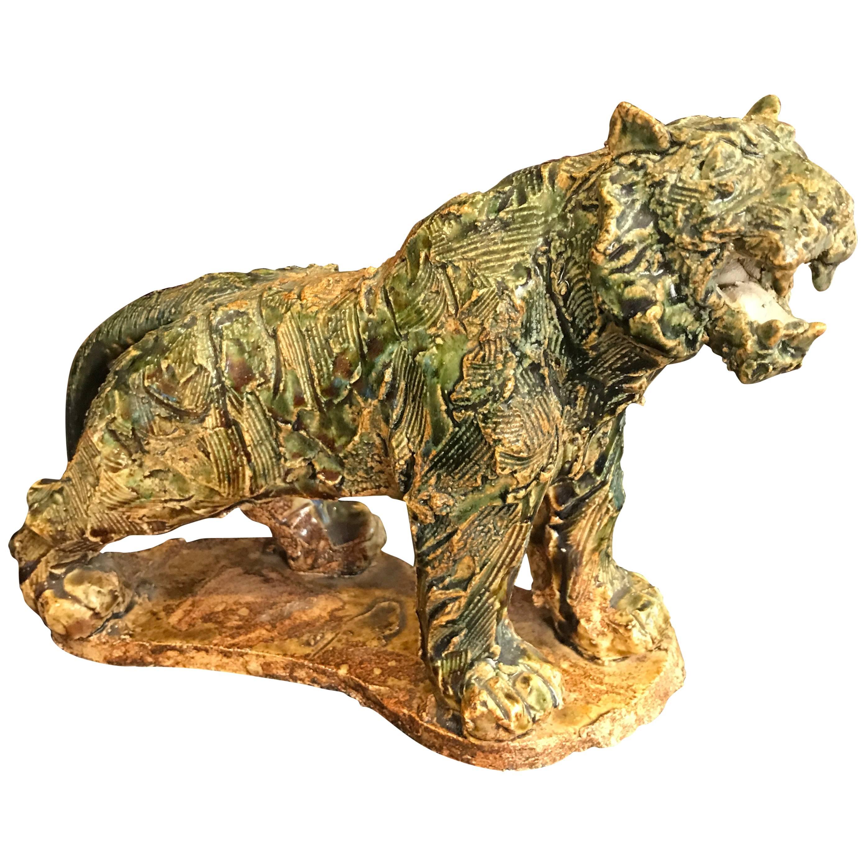 Japan Fine Old Prowling Tiger Handmade and Hand-Painted Ceramic Sculpture