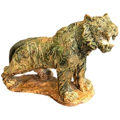 Vintage Japan Fine Old Prowling Tiger Handmade and Hand-Painted Ceramic Sculpture