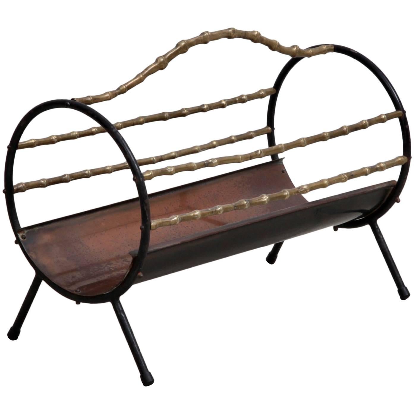 Bamboo Brass Fireplace Wood Holder in Copper and Wrought Iron