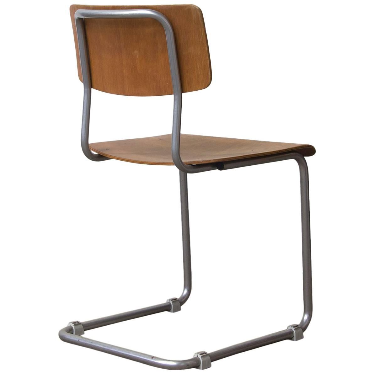W.H. Gispen, Original Chair with Mat Chrome Frame Wooden Seat/Back, circa 1960