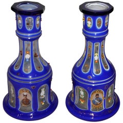 Late 19th Century Pair of Bohemian Gilt Glass Nargileh Bases Depicting Shahs