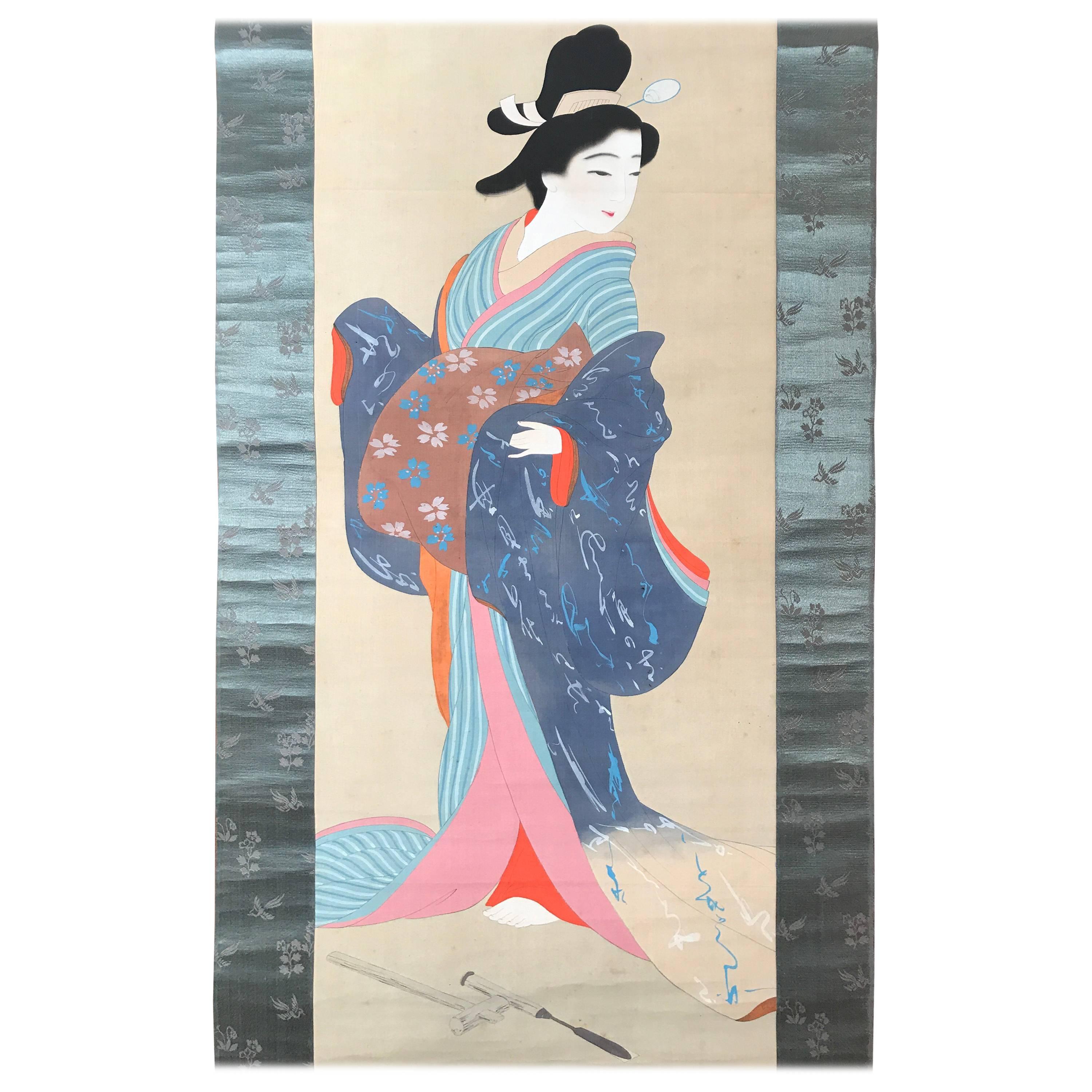 Japan Old Old Hand-Painted Scroll "Bijin Beauty Wearing Beautiful Blue Kimono"