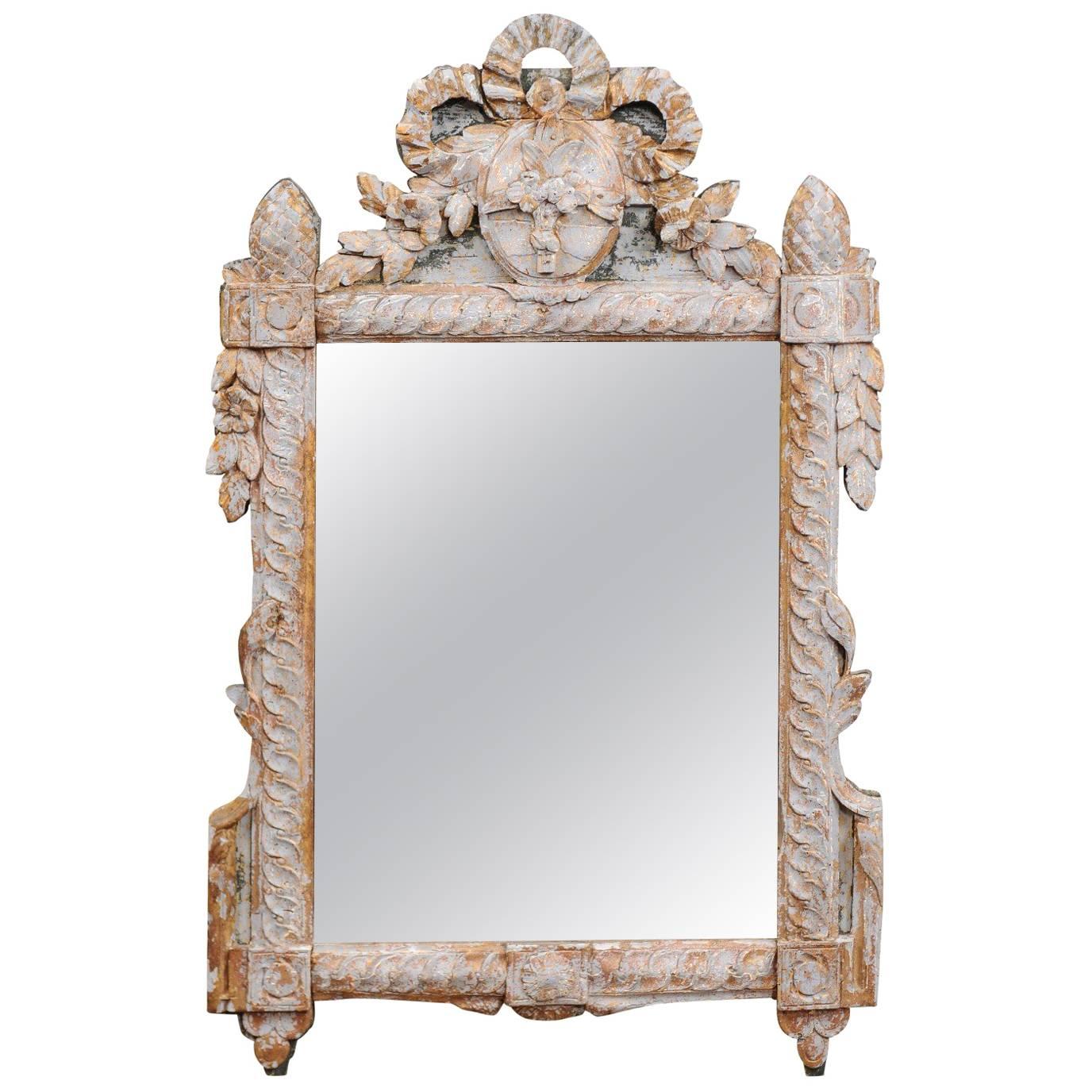 18th Century French Louis XVI Giltwood Mirror with Rubbed Blue Paint