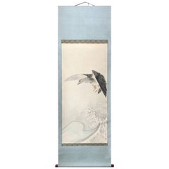 Japanese Old "Soaring Mallard Duck above Waves" Hand-Painted Scroll