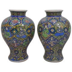 Pair of Late 19th Century Large Qajar Underglaze Painted Pottery Vases