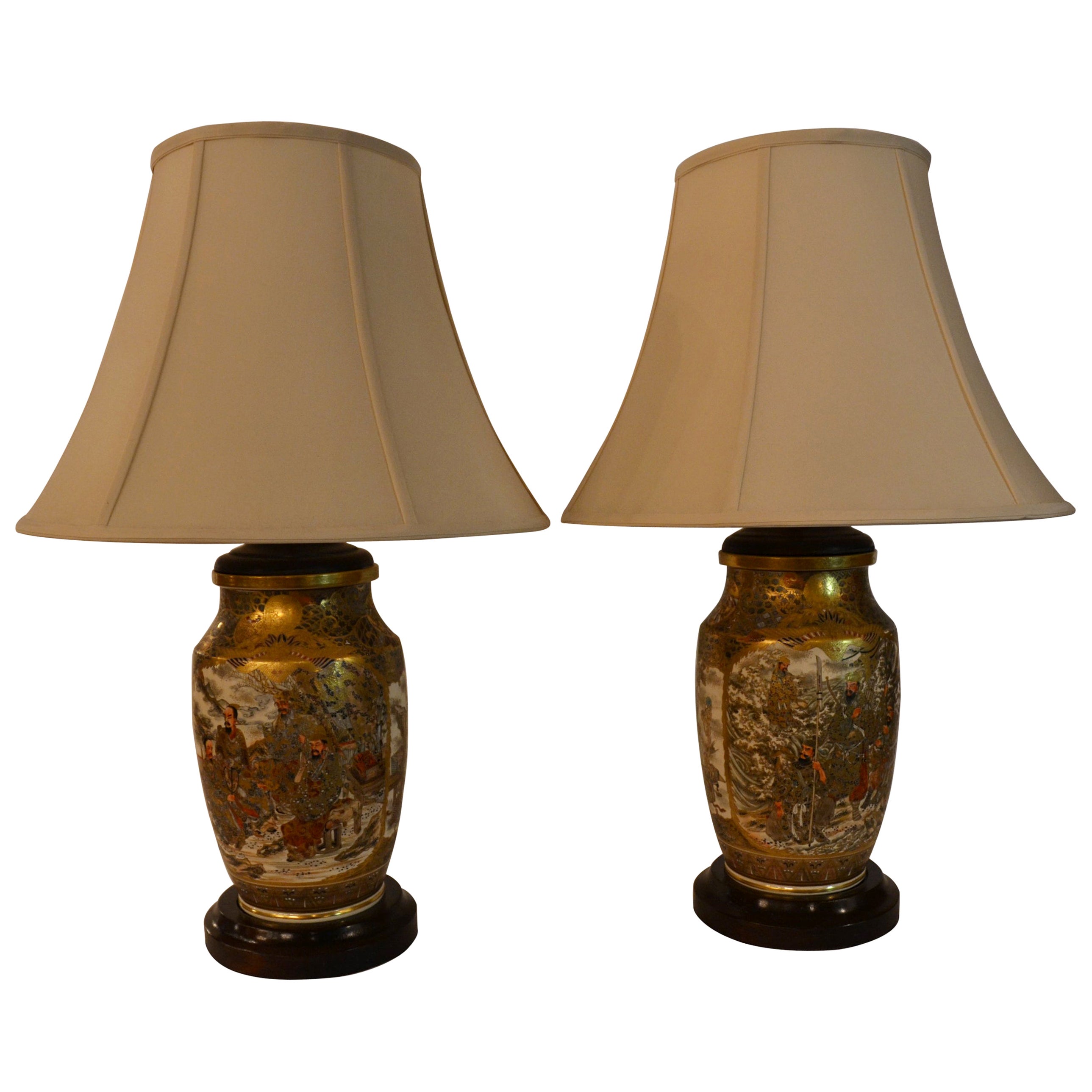 Pair of Meiji Japanese Satsuma Porcelain Lamps with Birds For Sale at
