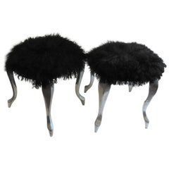 Mid-Century Modern Pair of Steel Shag Black Faux Lambs Fur Footstools Benches