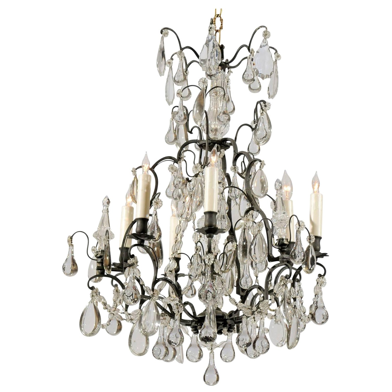 French Louis XV Style Chandelier with Black Metal Frame & Clear Crystals, 1890 For Sale