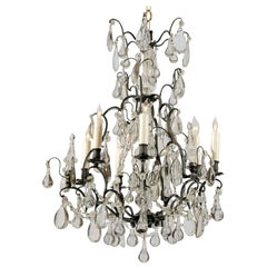 French Louis XV Style Chandelier with Black Metal Frame & Clear Crystals, 1890