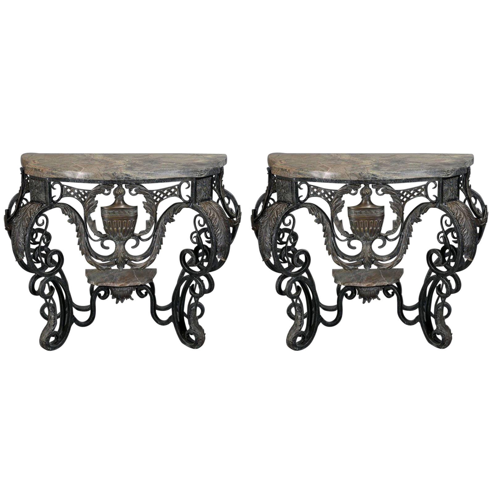 Pair Baroque Style Bronze and Iron Consoles with Marble Tops