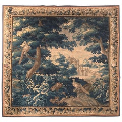 Large 18th Century French Aubusson Verdure Tapestry with Birds and Castle 7