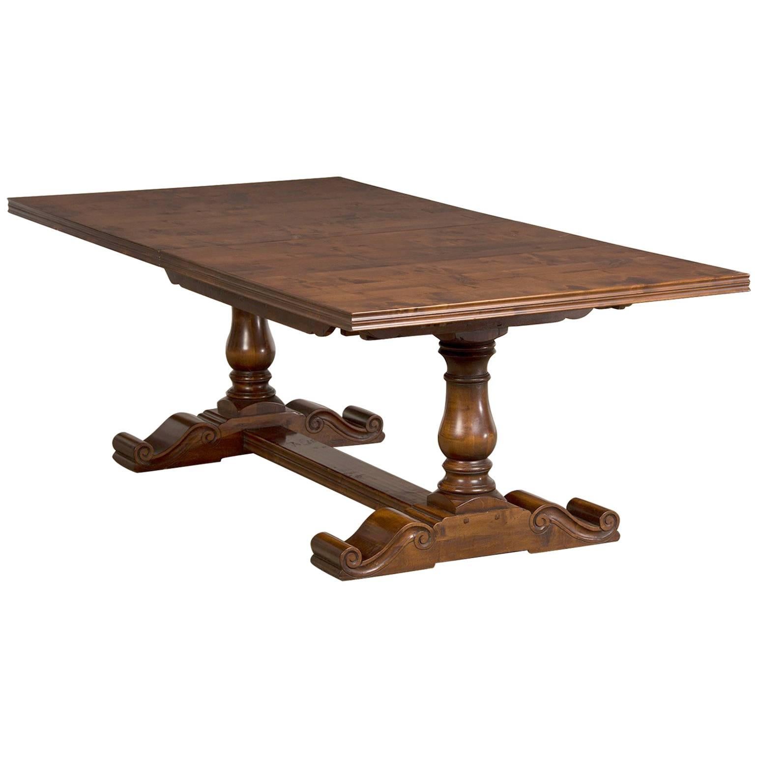 English Hand-Planed, Waxed Cherrywood Trestle Dining Table with Three Leaves