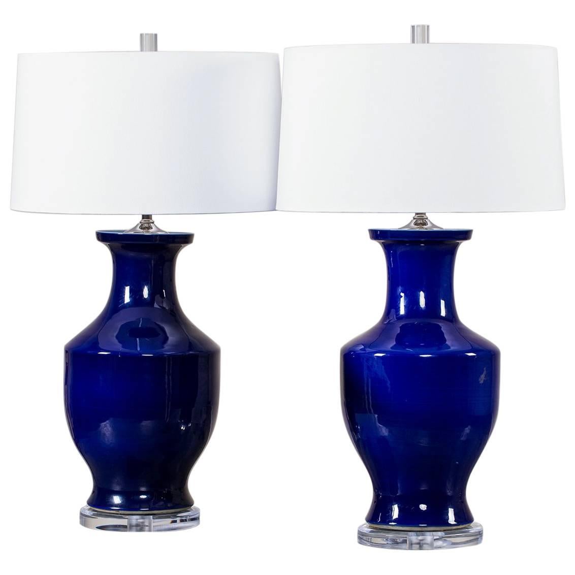Pair of Vintage Cobalt Blue Chinese Vases, circa 1940 Mounted as Custom Lamps