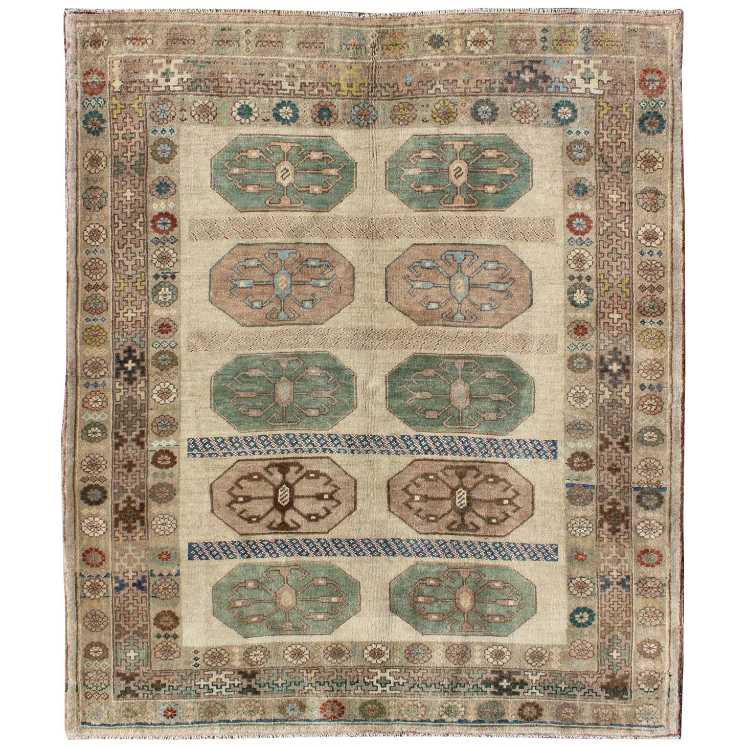 Midcentury Turkish Oushak Rug with Ten Geometric Medallions in Teal and Cream For Sale