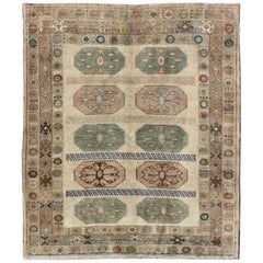 Antique Midcentury Turkish Oushak Rug with Ten Geometric Medallions in Teal and Cream