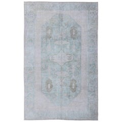 Midcentury Faded Vintage Turkish Oushak Rug with Medallion in Light Pink & Teal