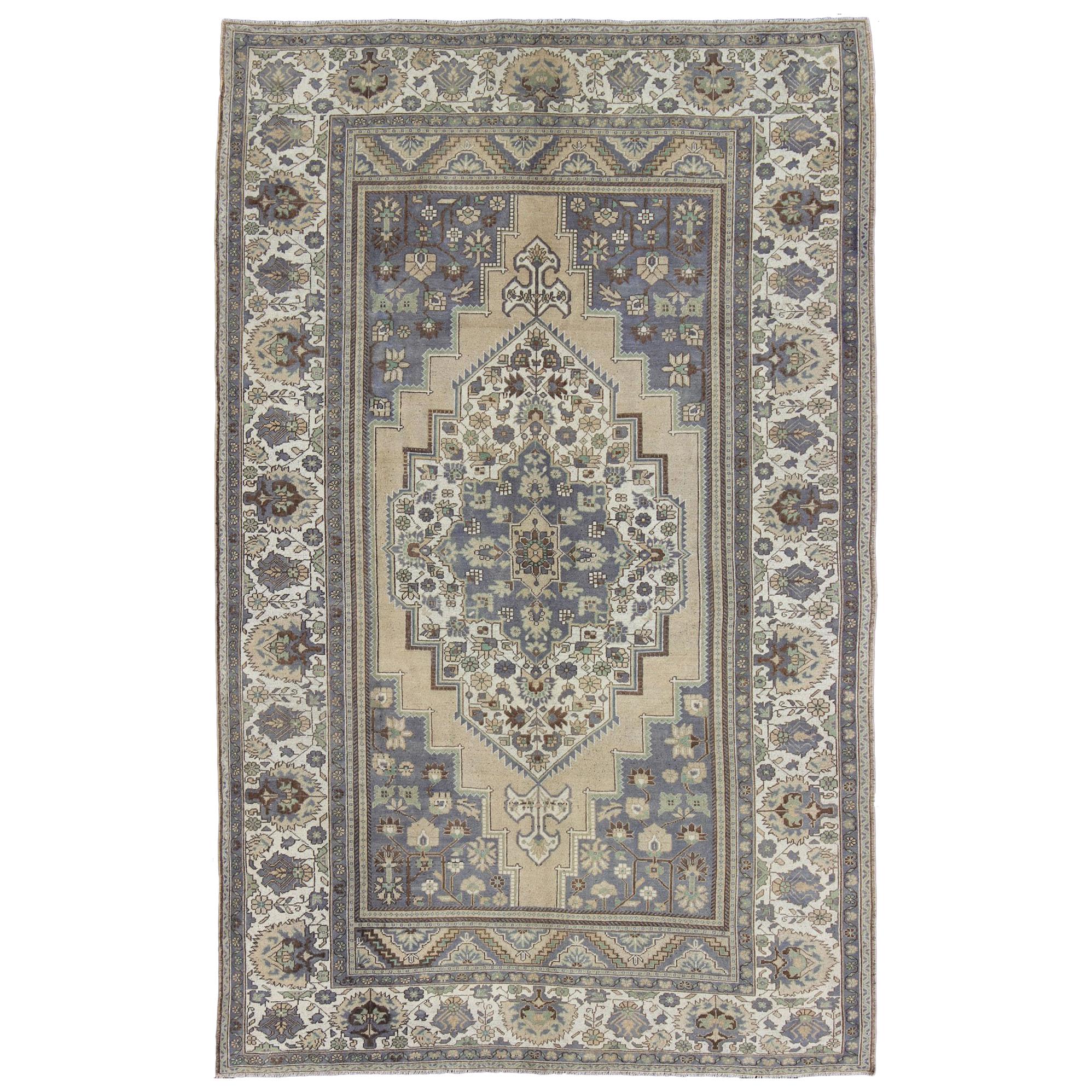 Vintage Turkish Oushak Rug with Floral Medallion in Gray, Ivory and Mint Green For Sale