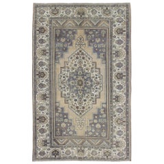 Retro Turkish Oushak Rug with Floral Medallion in Gray, Ivory and Mint Green