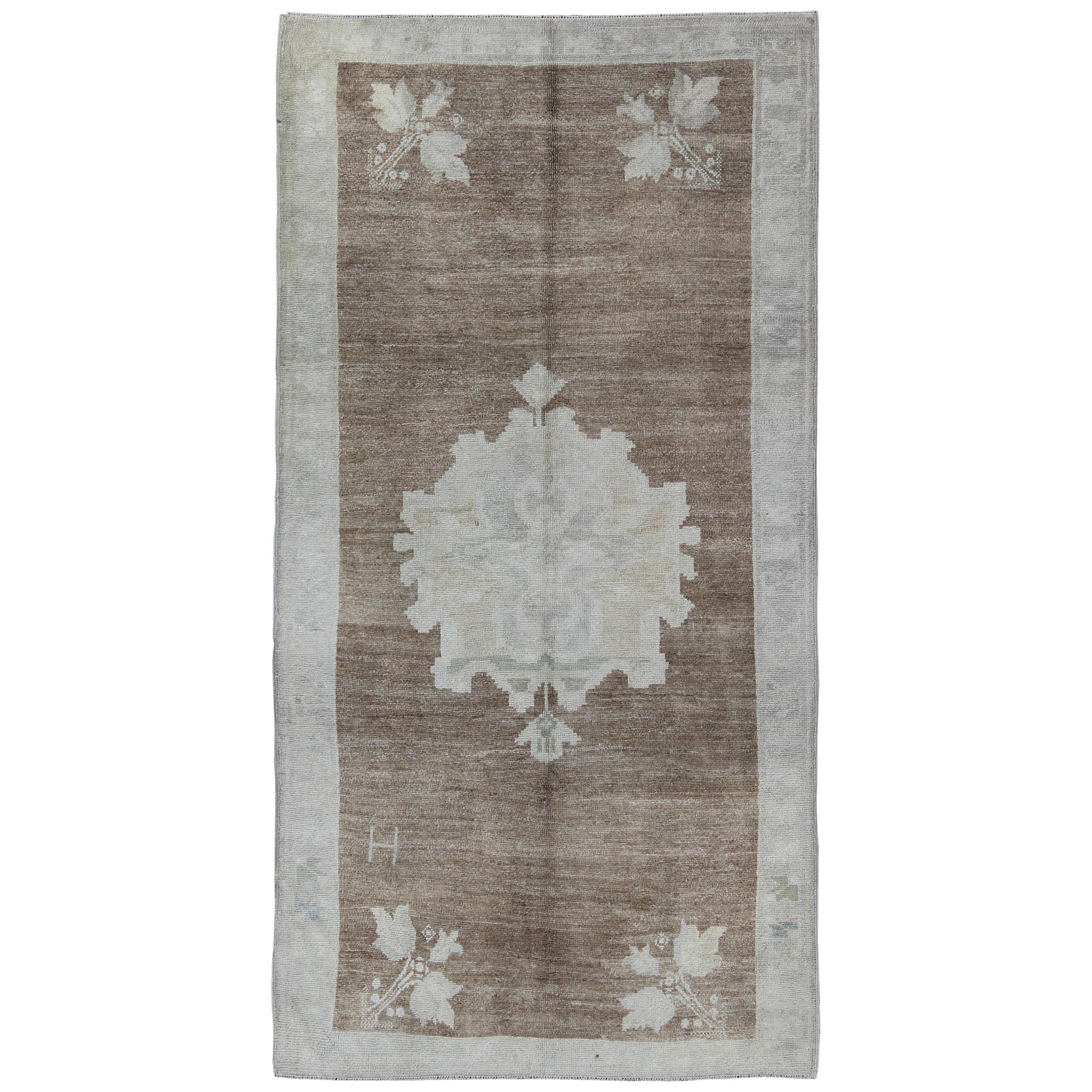 Vintage Turkish Oushak Rug with Floral Cornices in Light Brown, Gray and Cream