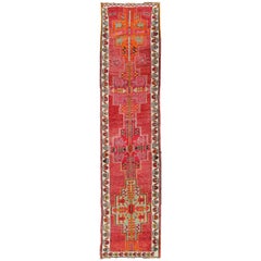 Vibrant Vintage Turkish Oushak Runner with Medallions in Red, Orange and Pink