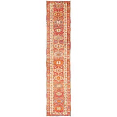 MultiColored Long Turkish Oushak Runner with Geometric Medallions and Borders