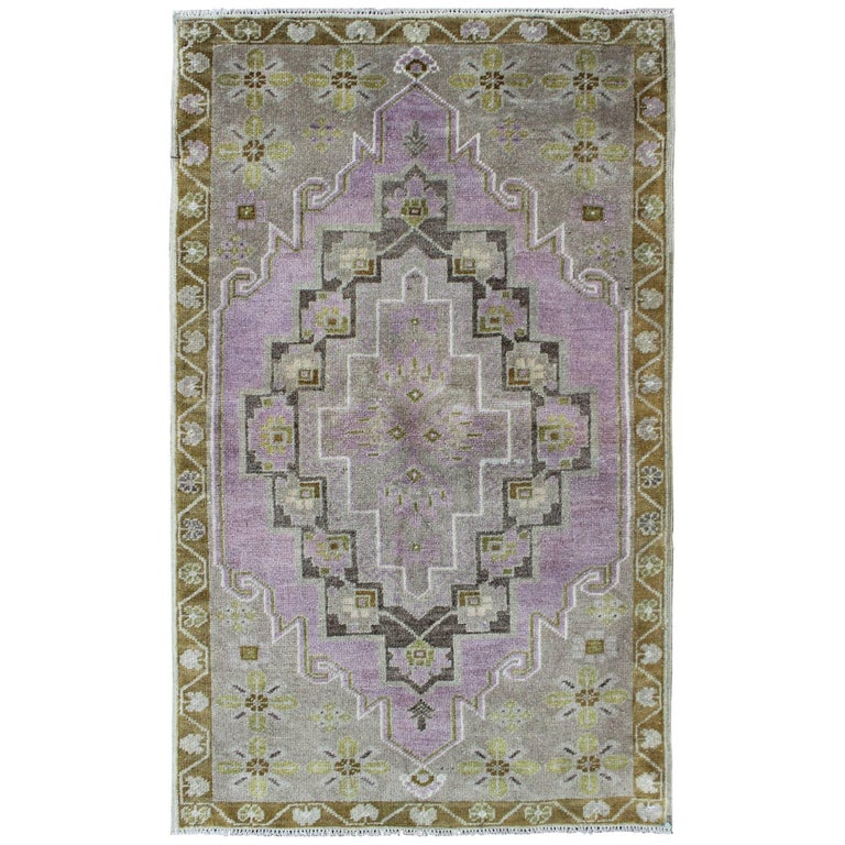 Turkish Oushak Vintage Rug with MultiLayered Medallion in Lavender and