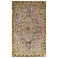 Turkish Oushak Vintage Rug with Multi-Layered Medallion in Lavender and Green