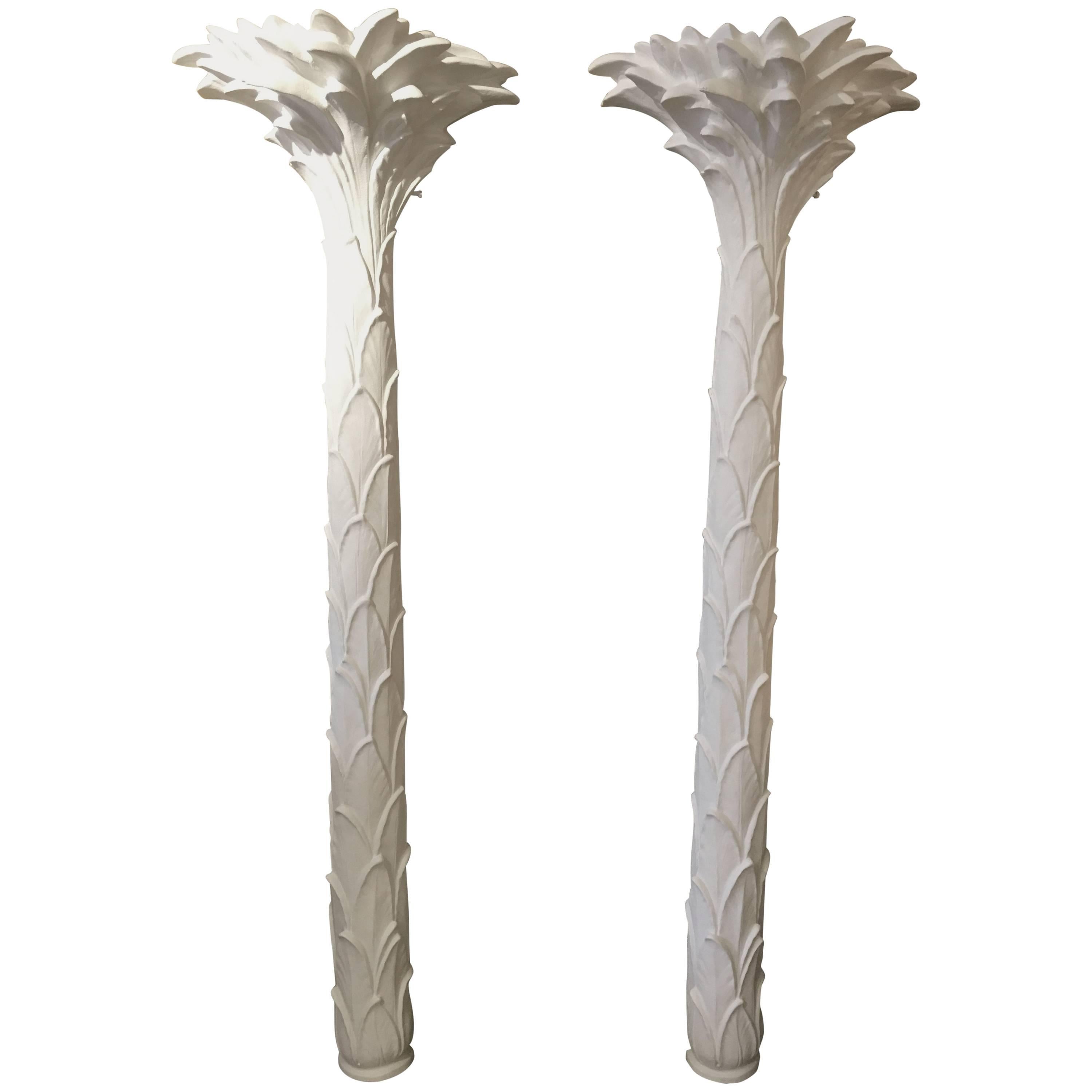 Sirmos Pair of Plaster Palm Tree Torchiere Uplights, Serge Roche Style