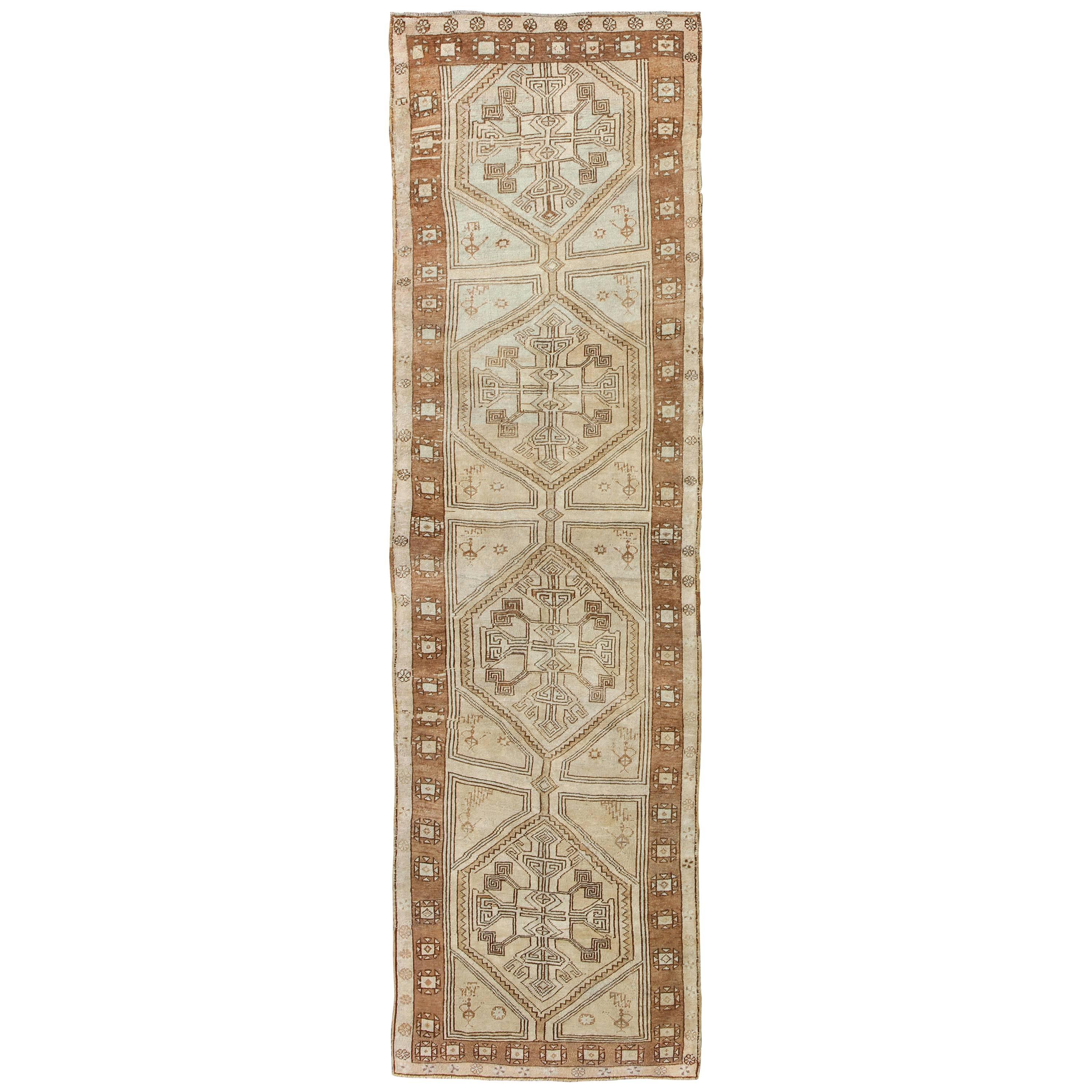 Brown, Camel, Ivory Long Turkish Oushak Runner with Geometric Tribal Medallions For Sale