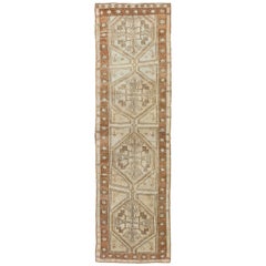 Brown, Camel, Ivory Long Turkish Oushak Runner with Geometric Tribal Medallions