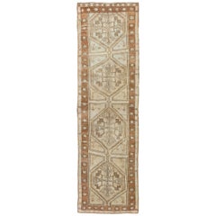 Vintage Brown, Camel, Ivory Long Turkish Oushak Runner with Geometric Tribal Medallions