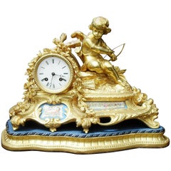 Antique French 19th Century Bronze Gilt Mantel Clock with Porcelain Panels